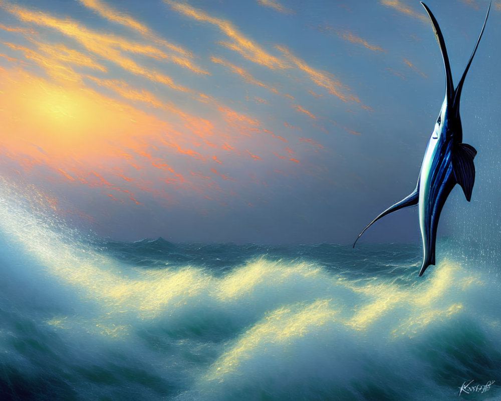 Sailfish leaping in sunset ocean waves with golden sky reflections