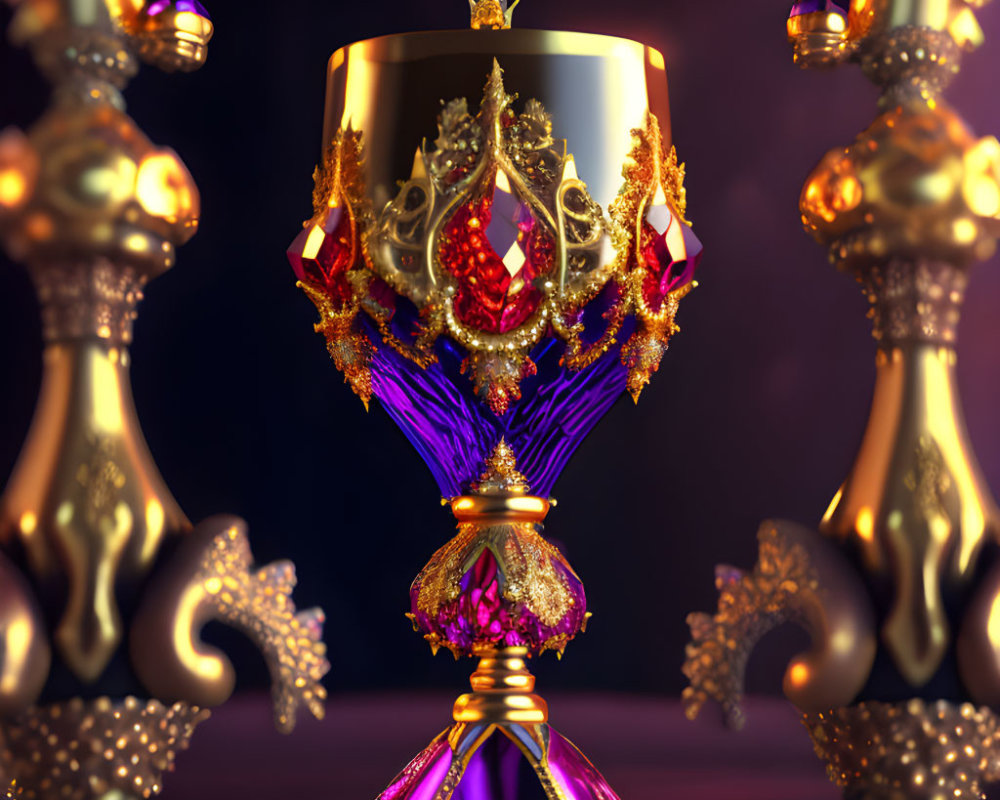 Golden chalice with gemstones and intricate designs on purple and black background