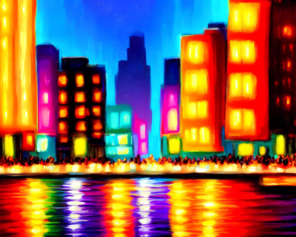 Colorful illuminated cityscape reflected in water at night.