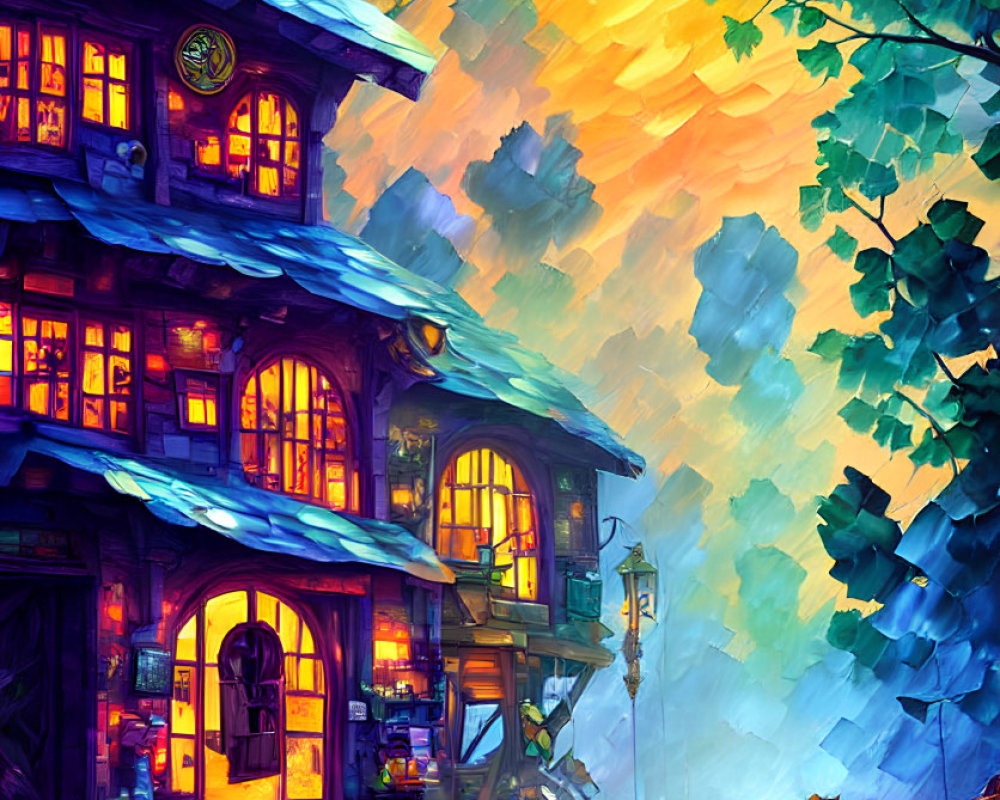 Whimsical multi-story building beside water under vibrant sunset