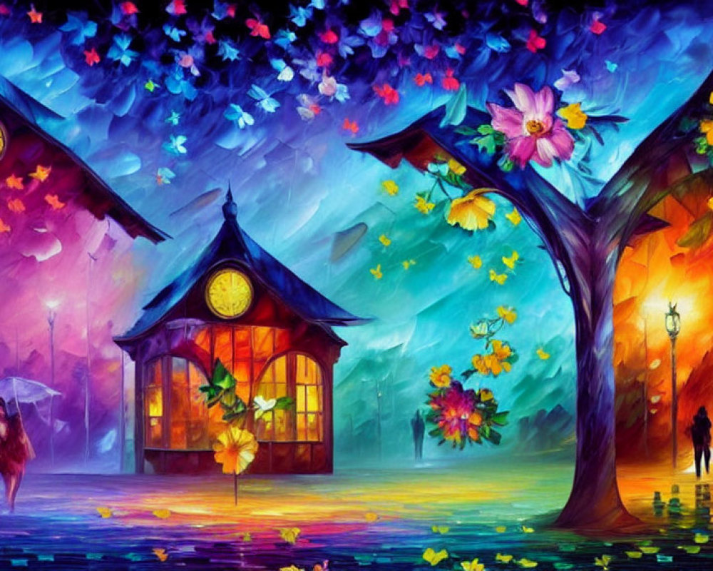 Vibrant painting of people under glowing streetlamps and kiosk surrounded by colorful trees.