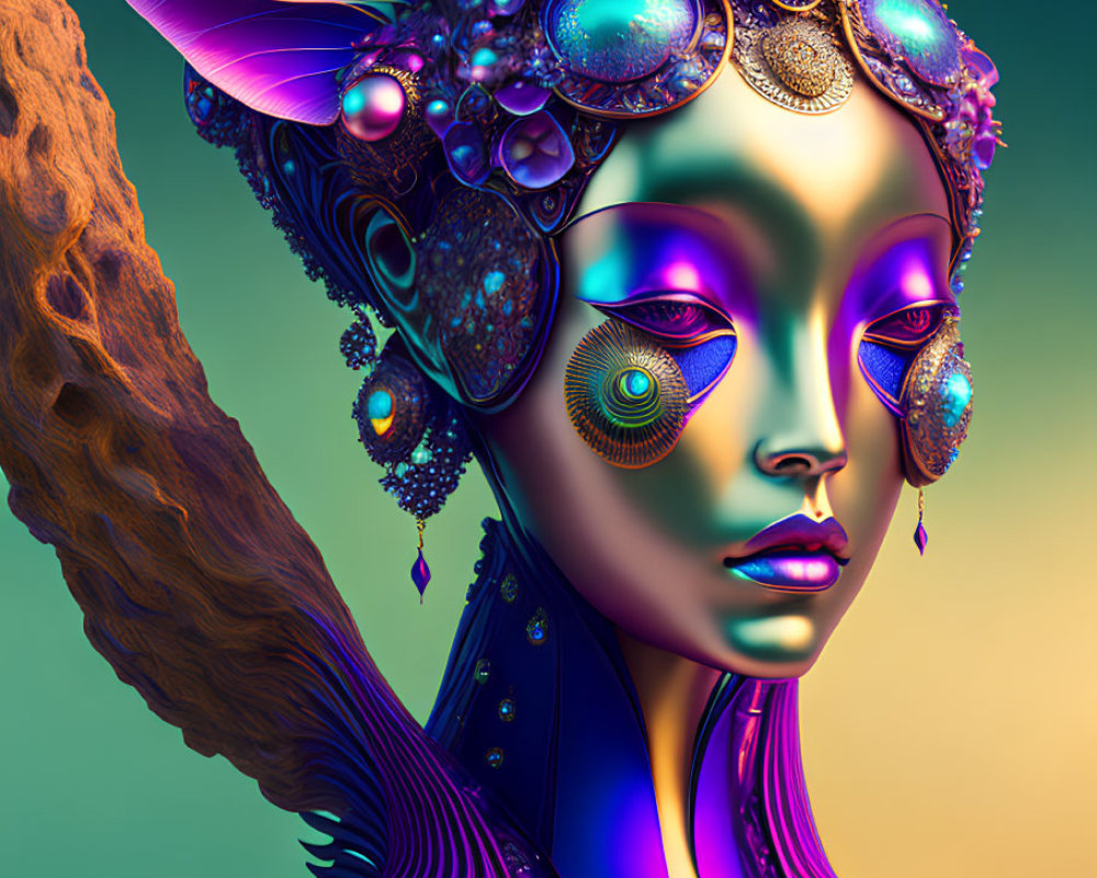 Colorful digital artwork of female figure with ornate headdress and makeup