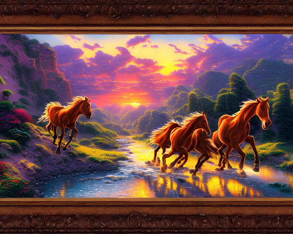 Three galloping horses painting at sunset with vibrant flowers and cliffs in ornate frame