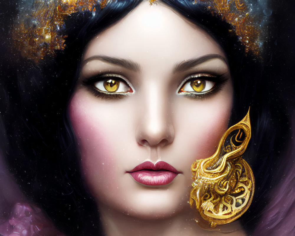 Portrait of Woman with Striking Golden Eyes and Bejeweled Accessories