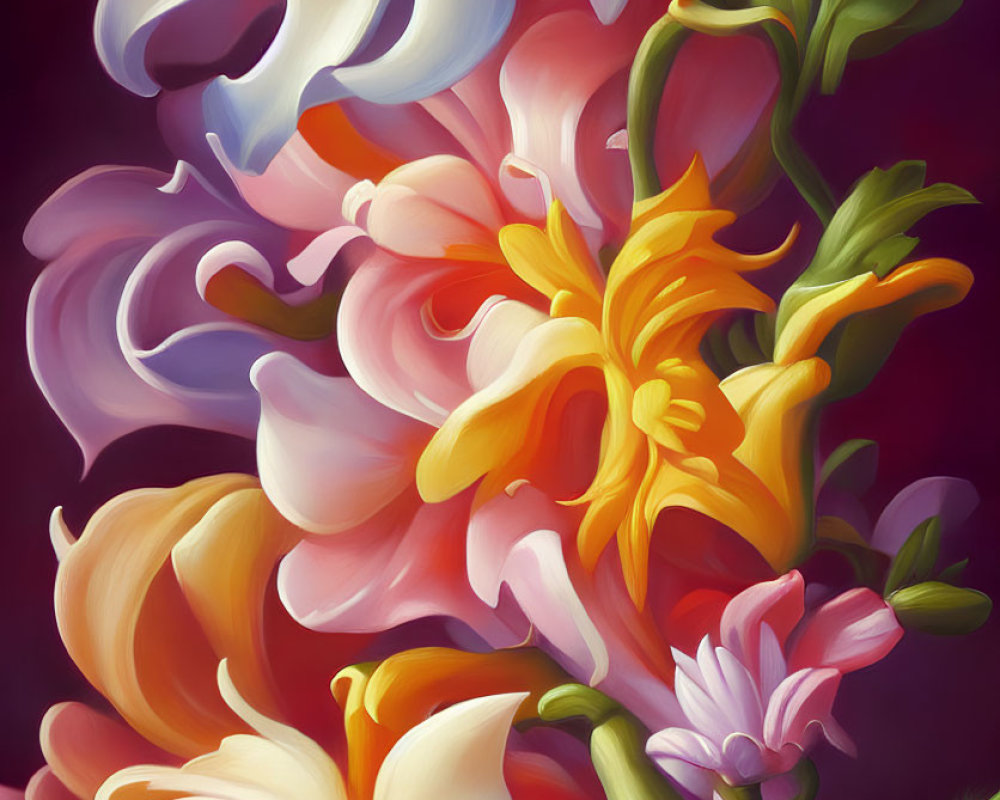 Colorful Flower Painting with Red, Orange, and Purple Background