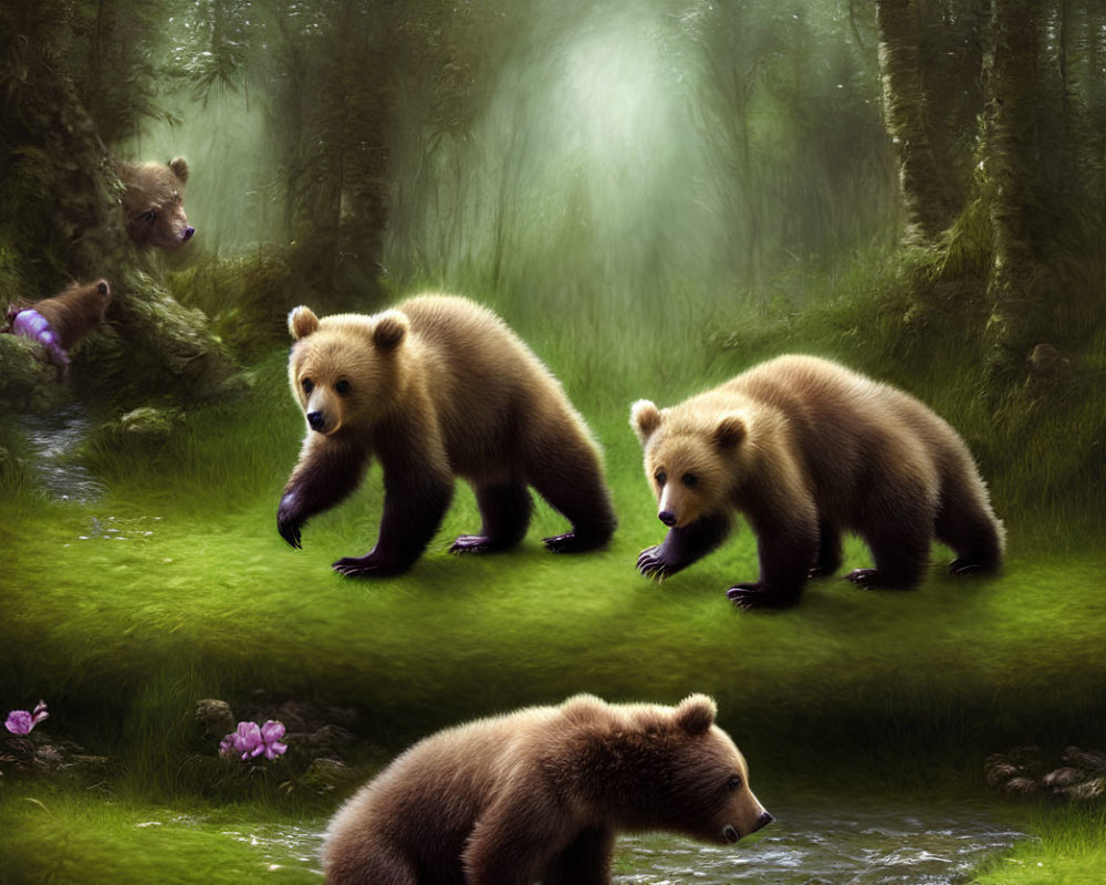 Brown Bear Cubs Playing in Mystical Green Forest