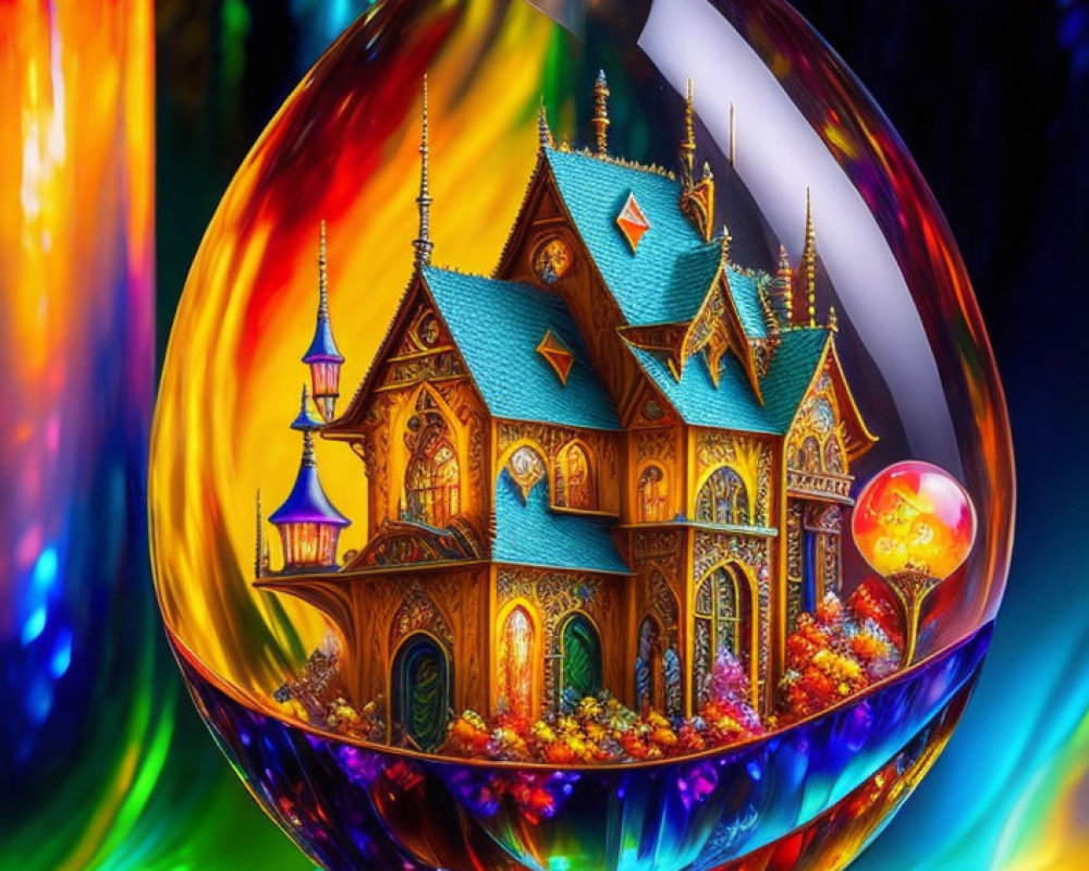 Colorful Crystal Ball with Miniature Fantasy Castle and Bokeh Background