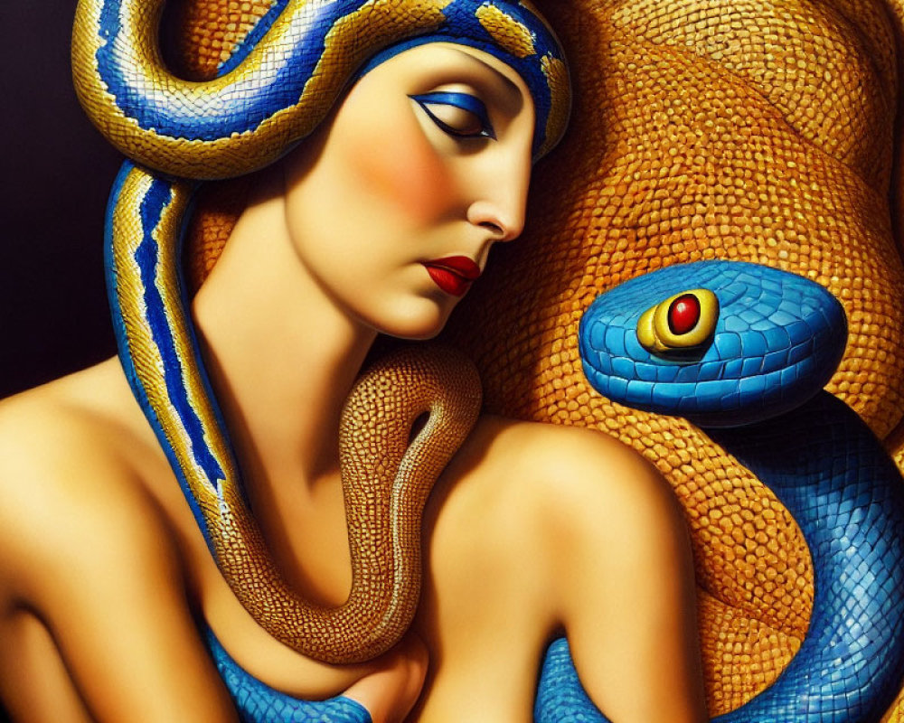 Stylized painting of woman with blue and gold snake intertwined