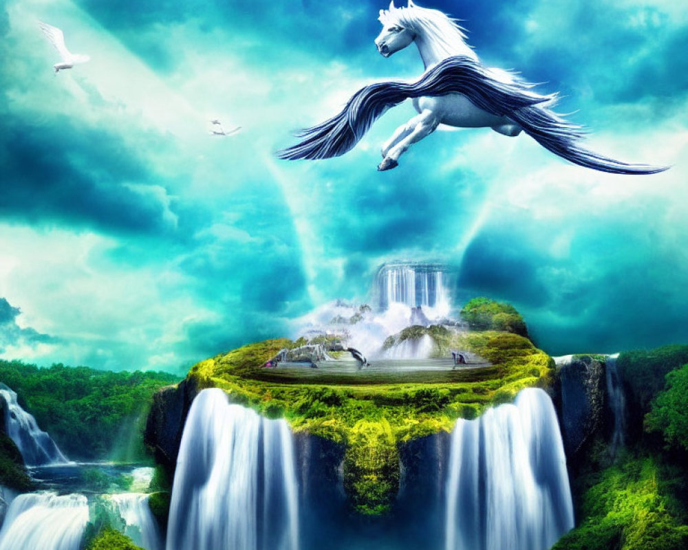 White Pegasus Soaring Over Waterfalls in Vibrant Landscape