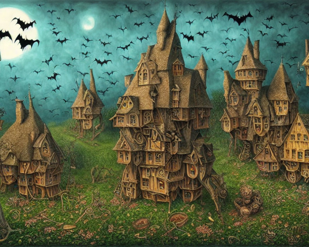 Fantastical village illustration with crooked houses, bats, and lush greenery