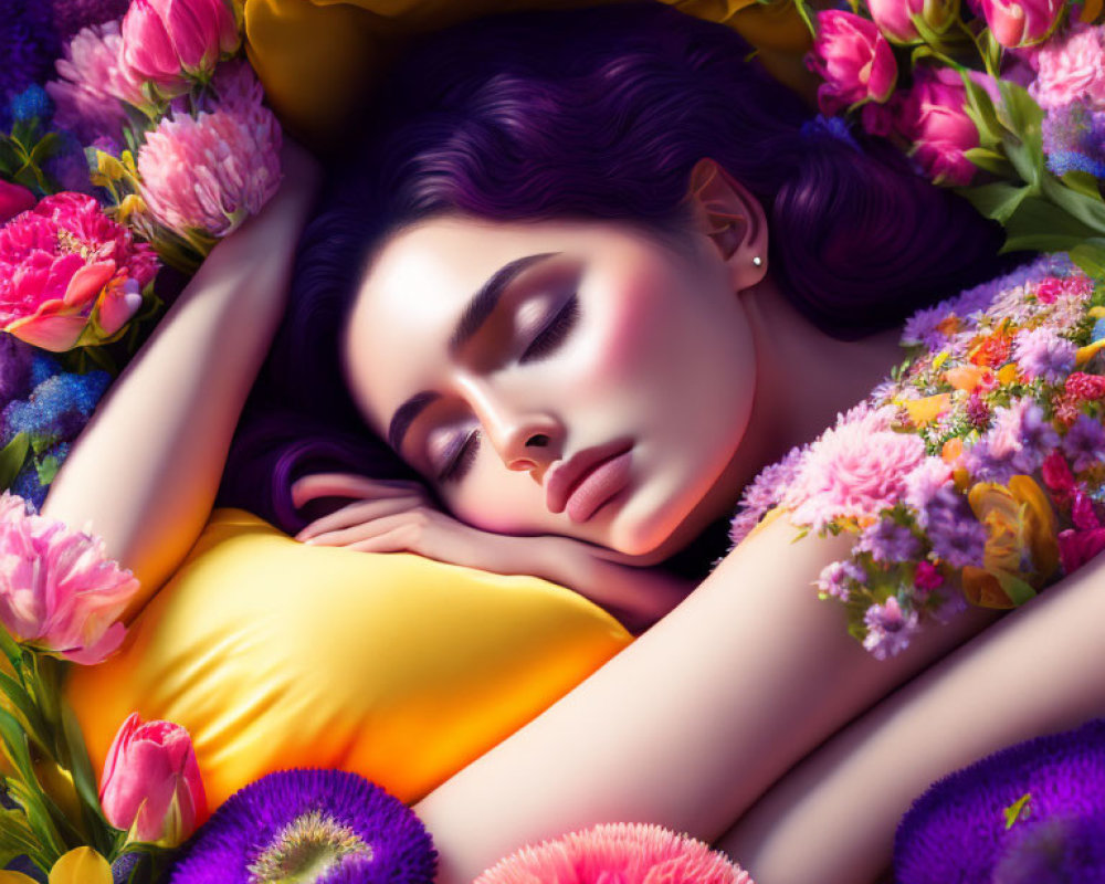 Woman Sleeping Surrounded by Vibrant Flowers in Serene Environment