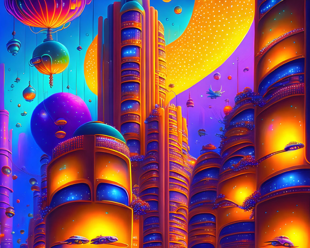 Futuristic cityscape at night with neon lights and flying vehicles