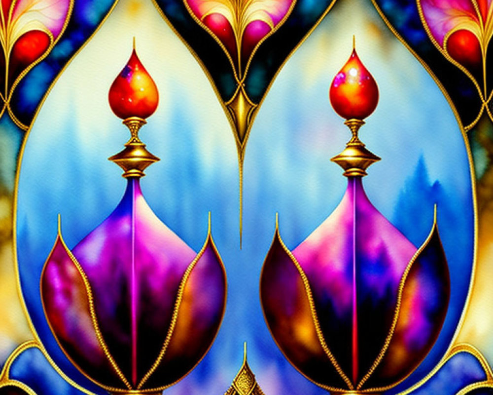 Symmetrical jewel-toned stained glass pattern with golden outlines