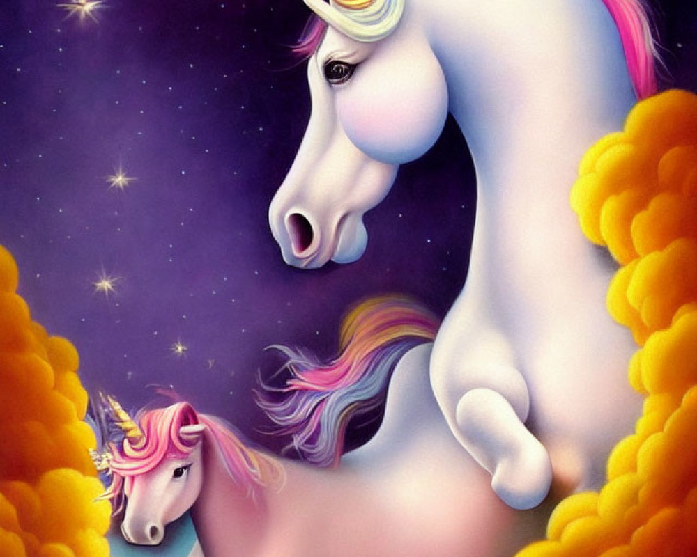 Illustration of two unicorns in starry sky