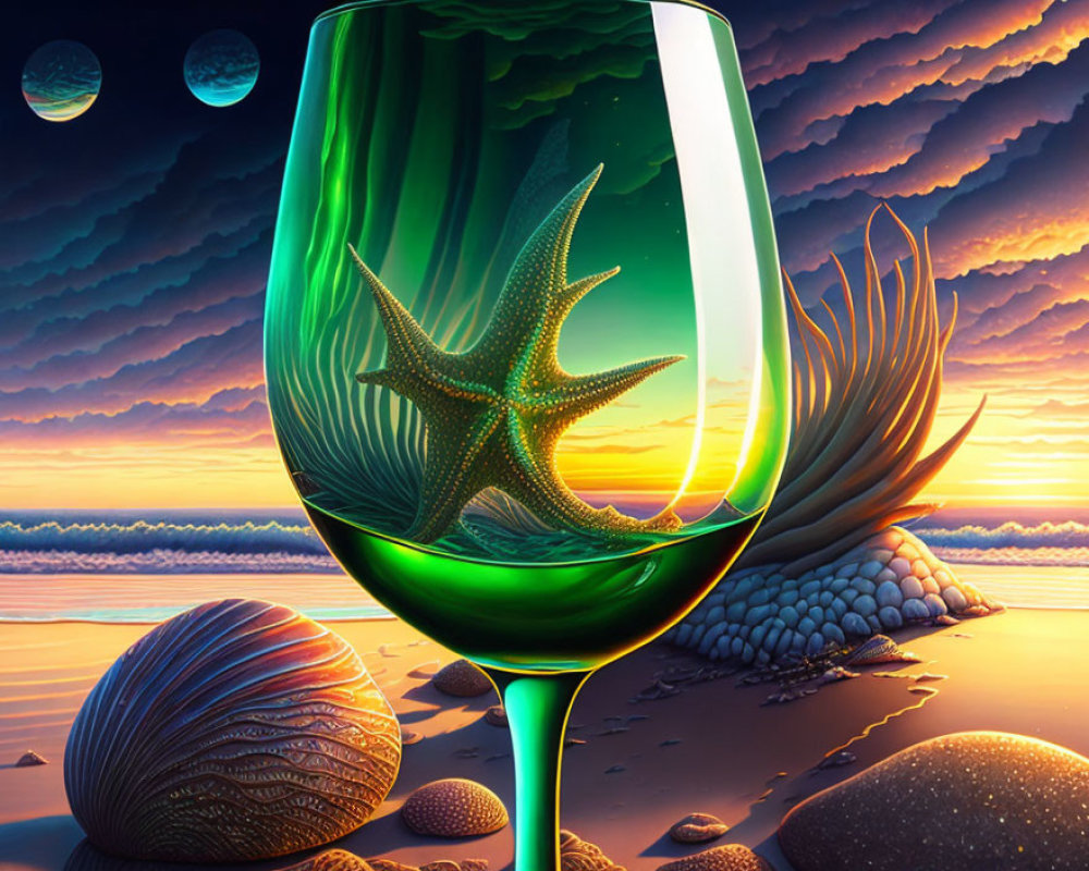 Surreal starfish in oversized wine glass on beach with seashells under sunset sky.