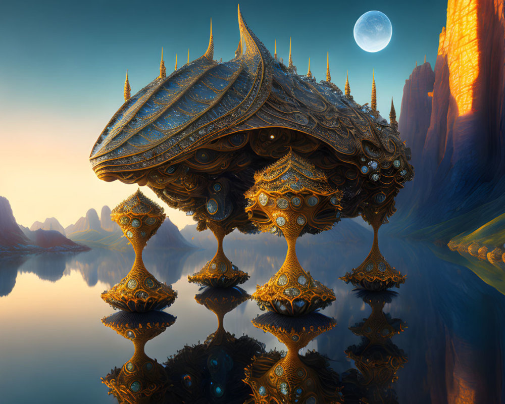 Ornate fantasy structure on mushroom pillars by calm lake