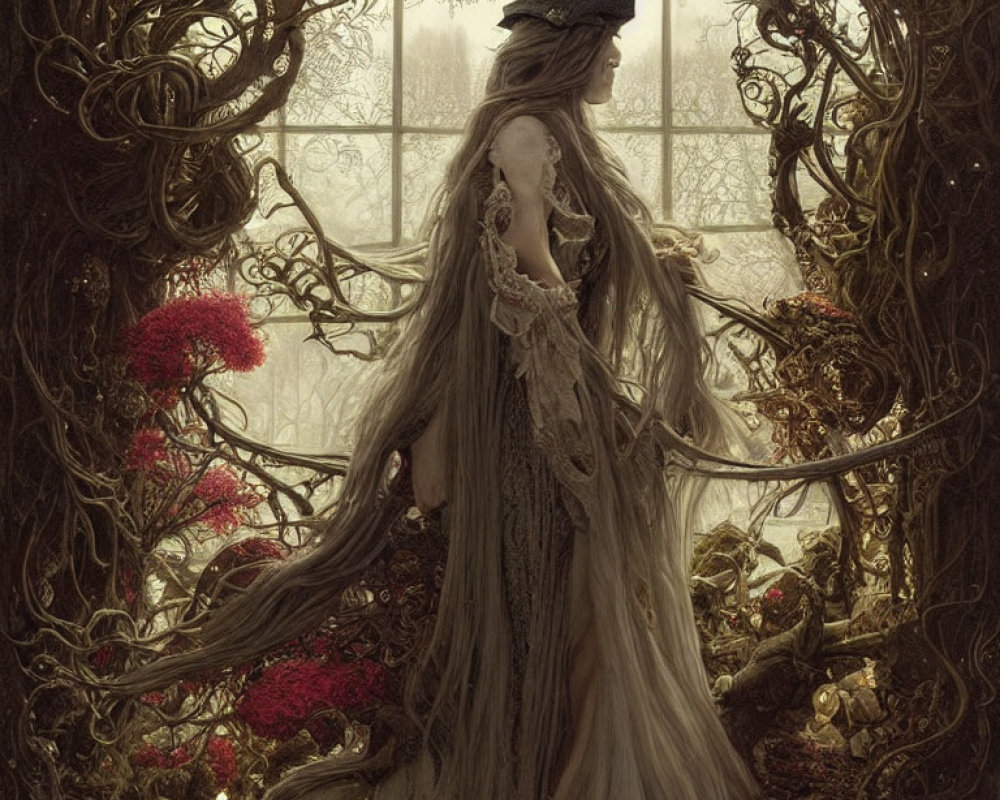 Mystical sorceress in ornate gown amidst twisted vines and red flowers