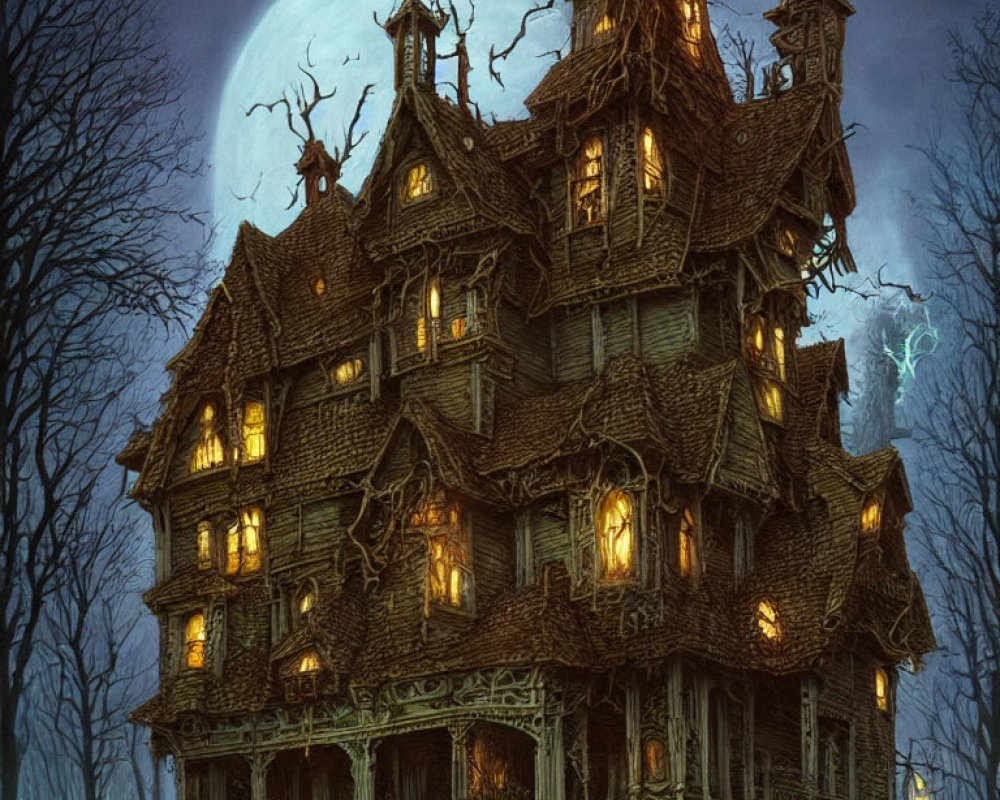 Eerie Victorian mansion under full moon with warm lights and barren trees