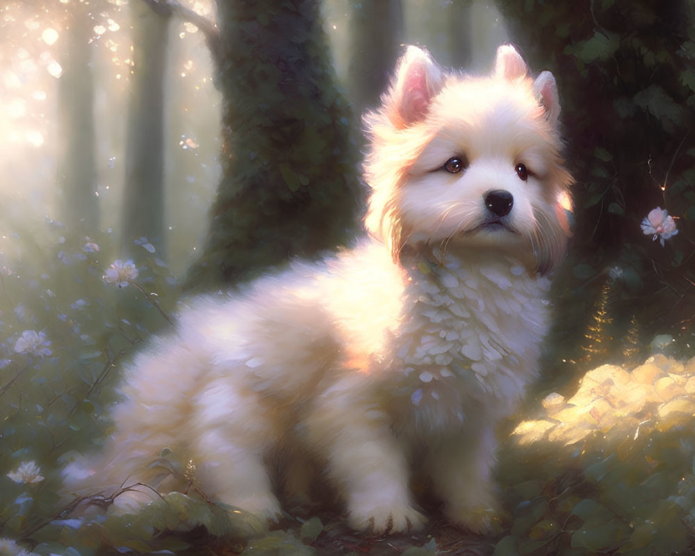 Light-colored puppy in magical forest under warm sunlight with soft flowers