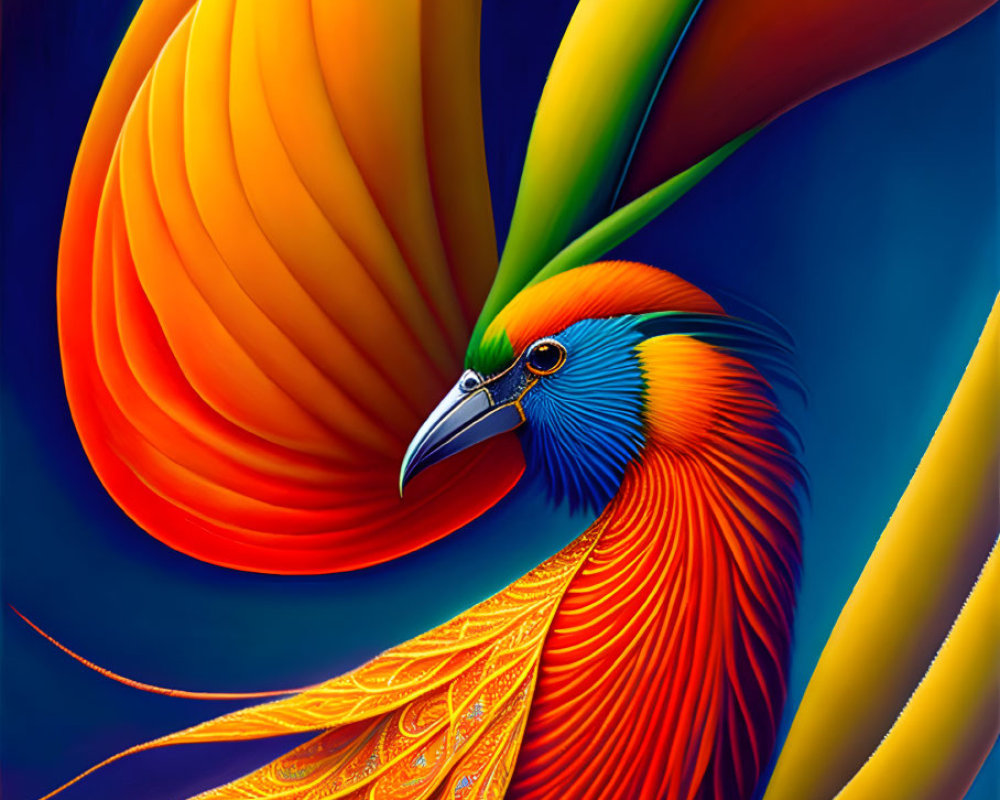 Colorful digital artwork: Bird with fiery orange plumage and blue neck