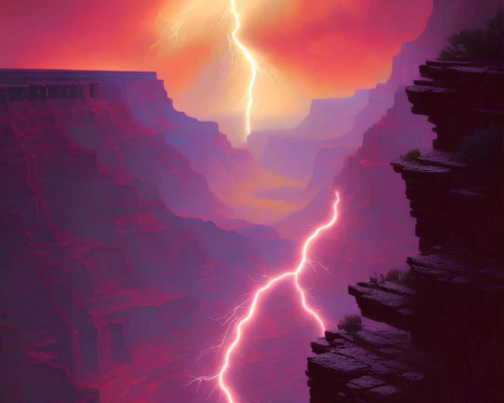 Digital artwork of thunderstorm with lightning in crimson canyon under dramatic sky