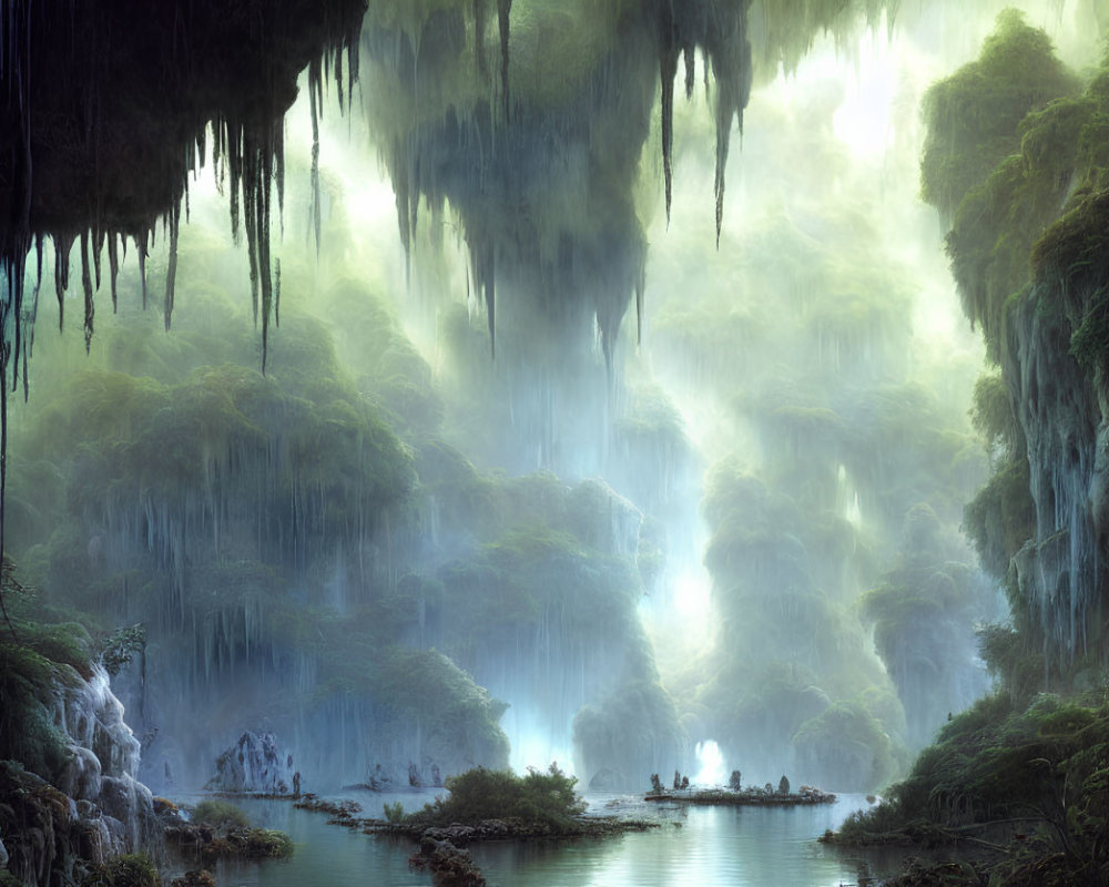 Mystical forest scene with lush greenery, hanging vines, mist, and serene lake