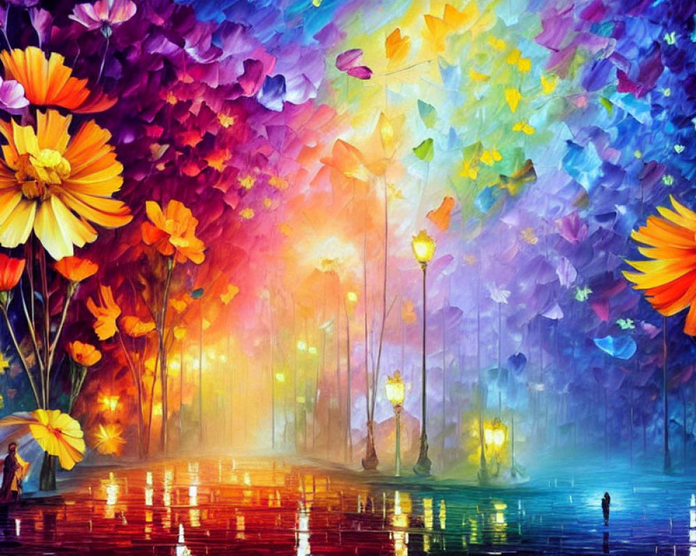 Colorful Rain-Kissed Pathway with Blooming Flowers and Silhouetted Figure