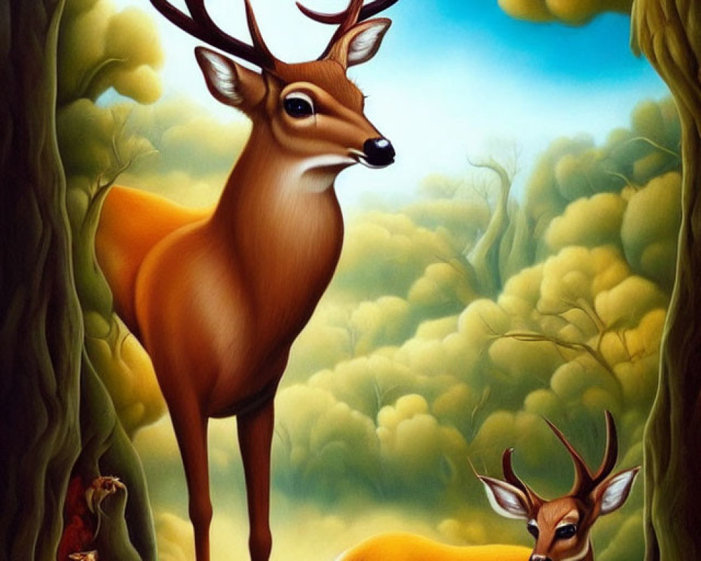 Stylized deer in surreal forest with exaggerated foliage