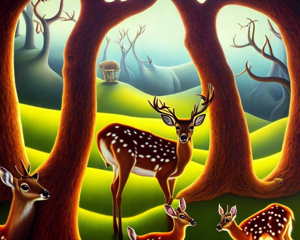 Colorful deer in mystical forest with glowing pathway