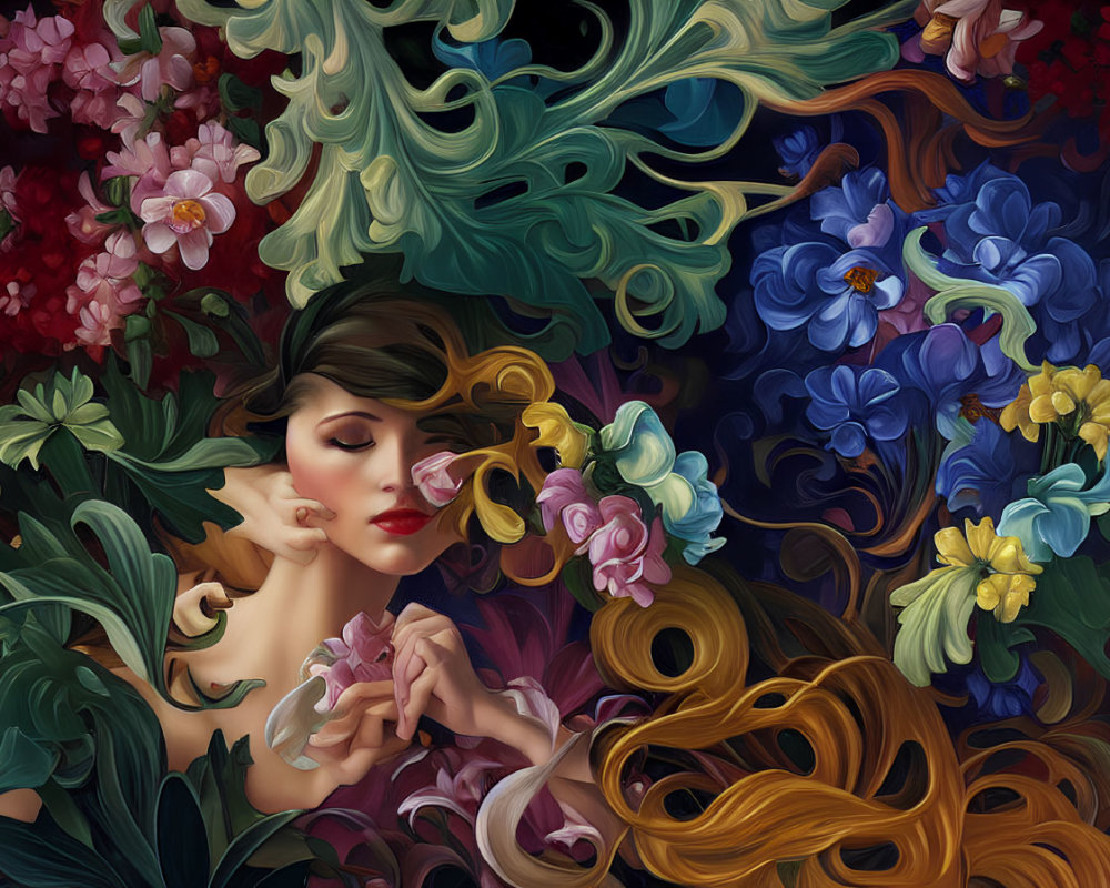 Colorful Stylized Portrait of Woman with Flowing Hair and Vibrant Flowers