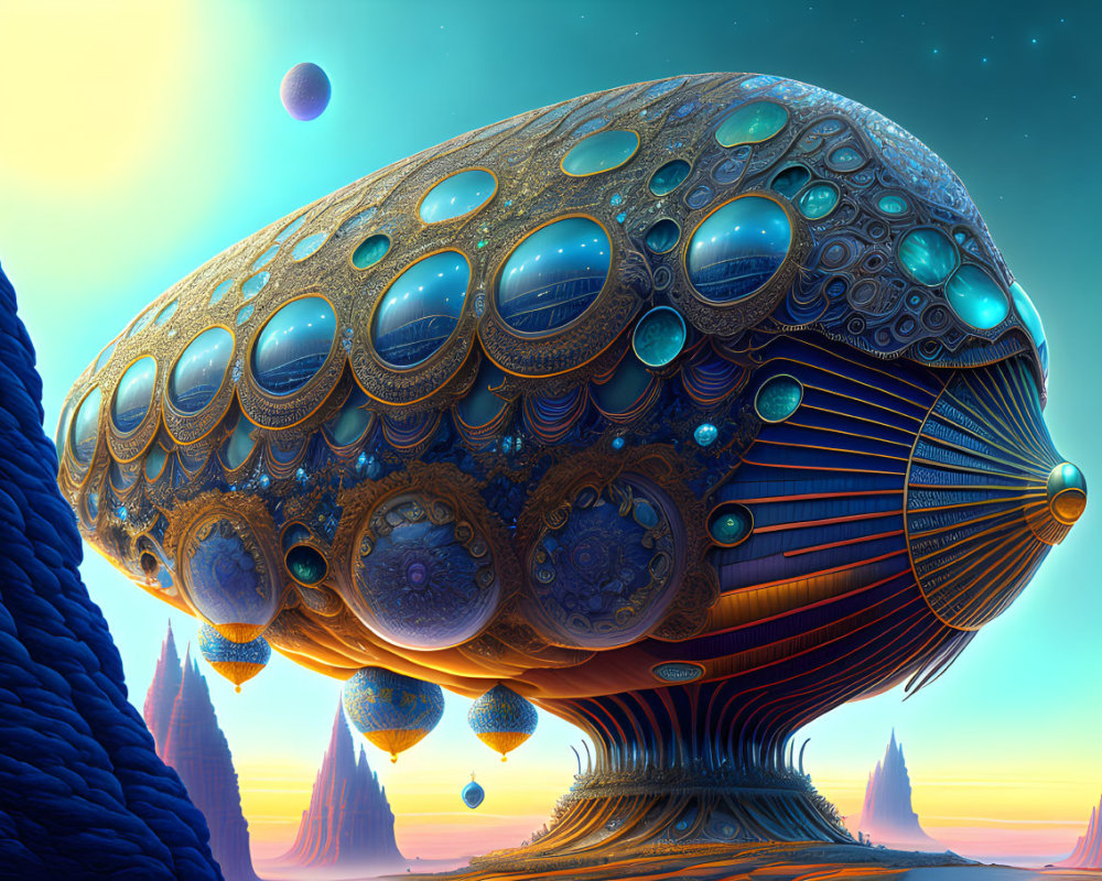 Futuristic spaceship-like structure with intricate patterns in otherworldly skyline