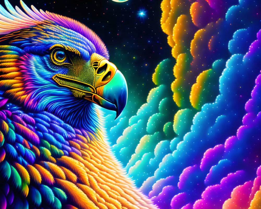 Colorful Eagle Illustration with Cosmic Background and Planets