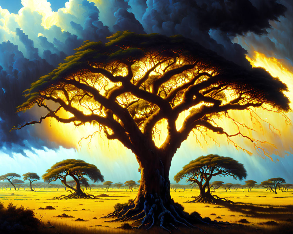 Majestic tree in vibrant savanna landscape under dramatic sky