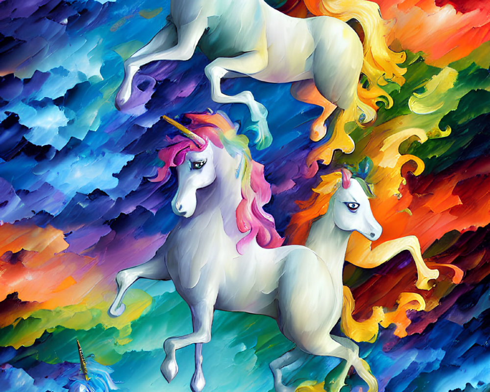 Four Unicorns in Colorful Landscape with Reflective Water