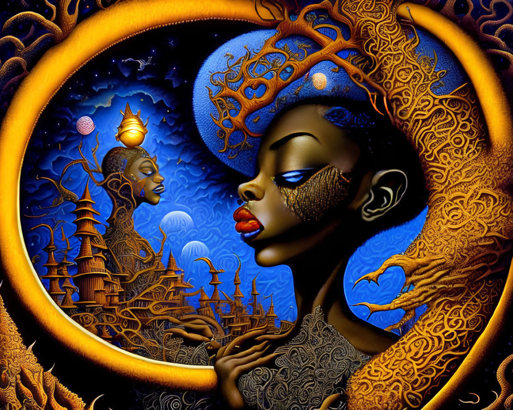 Colorful digital art: Stylized African women with intricate patterns on celestial backdrop