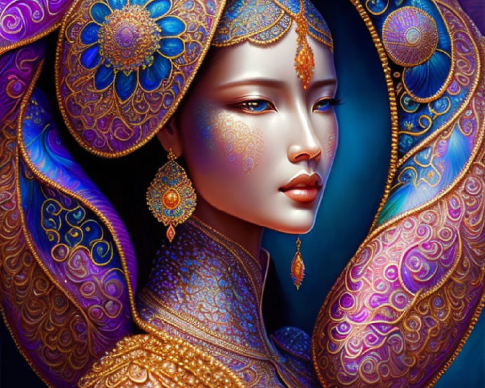 Detailed digital artwork of woman in ornate gold and blue headdress and jewelry