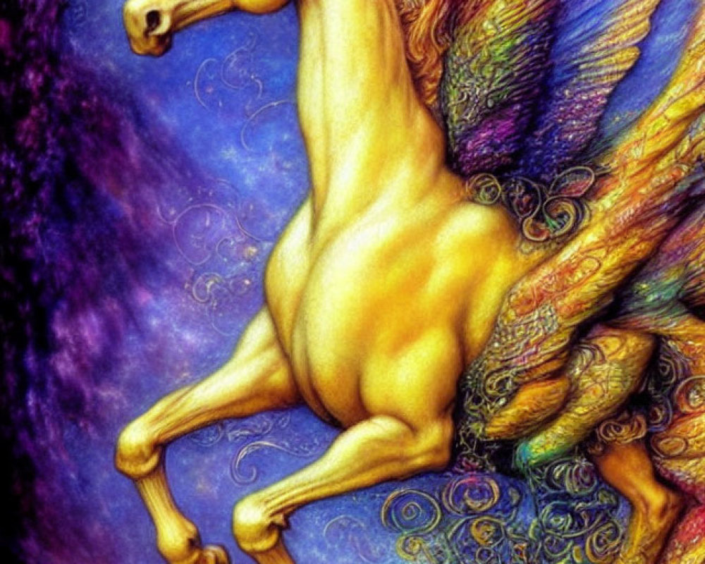 Mythical horse with golden fur and butterfly-like wings in cosmic setting