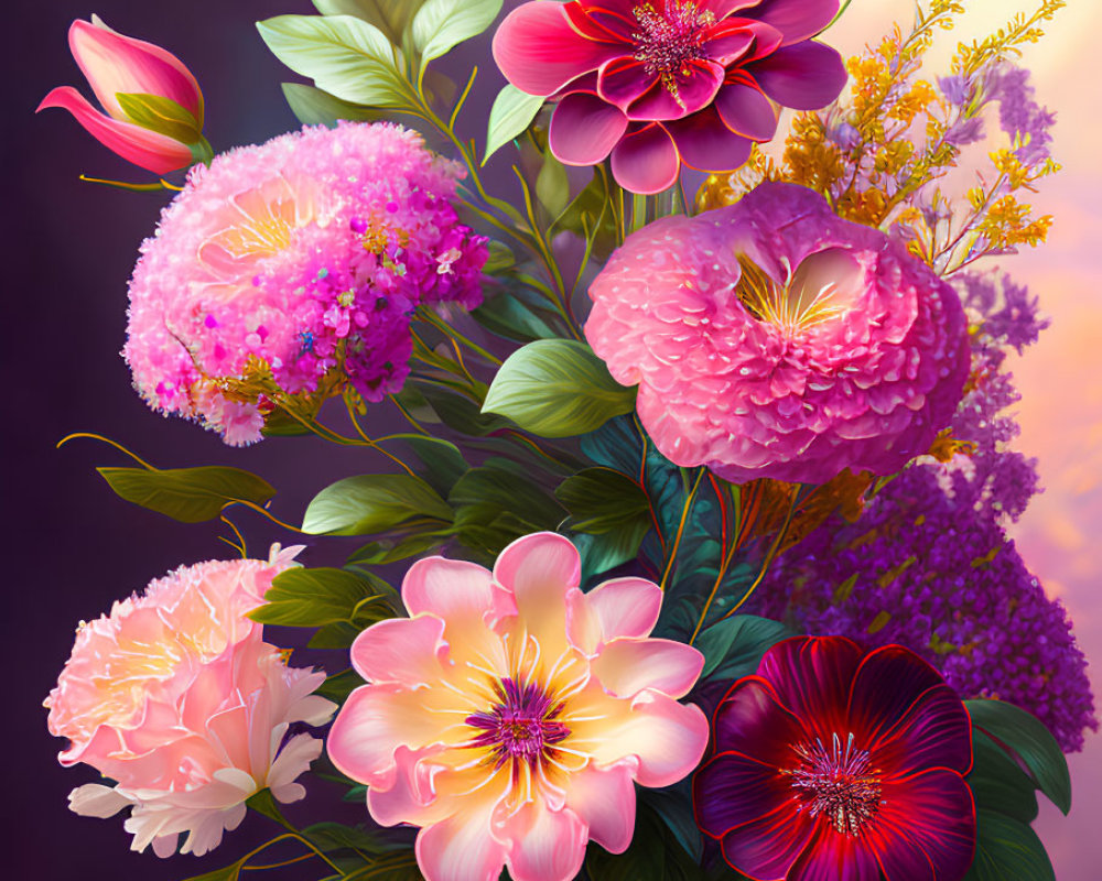 Colorful bouquet of pink peonies, red and pink flowers, green leaves in vase on purple