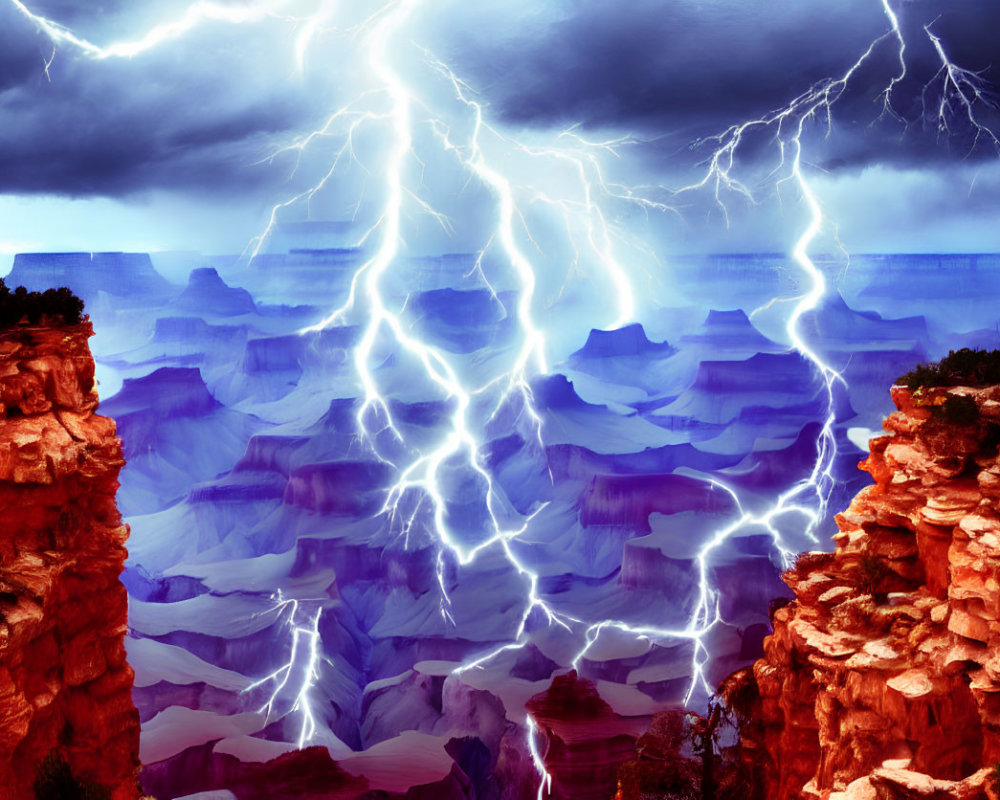 Dramatic Grand Canyon sky with multiple lightning strikes at dusk