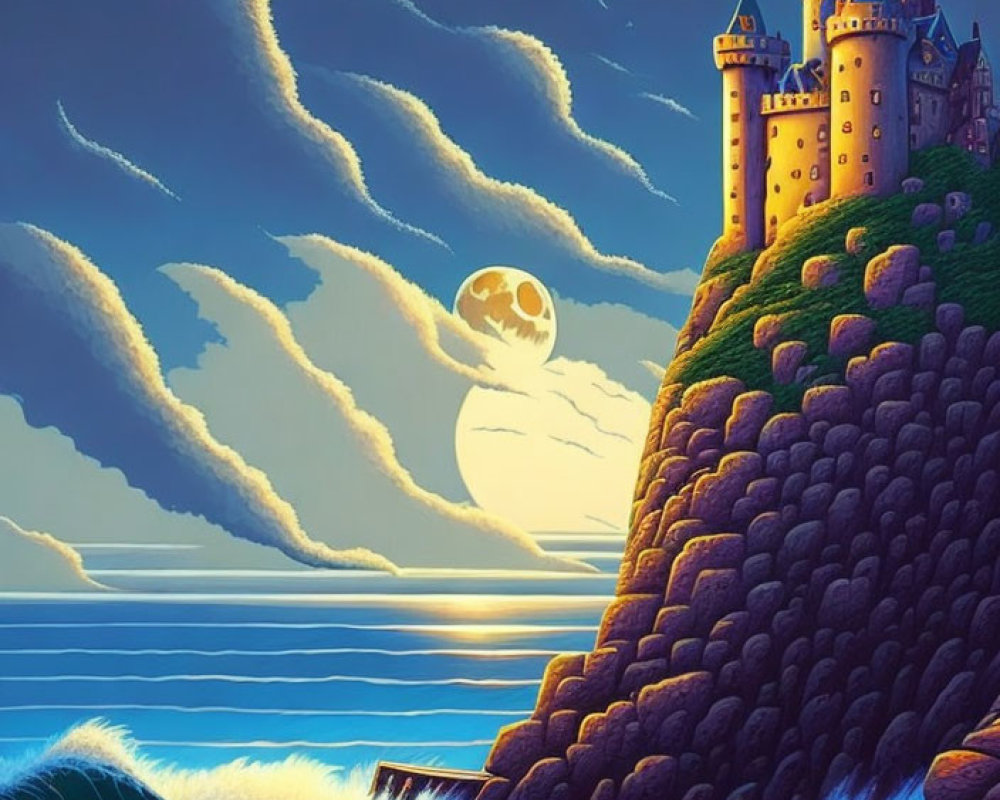 Illustration of cliffside castle at sunset with moon, stars, and ocean waves