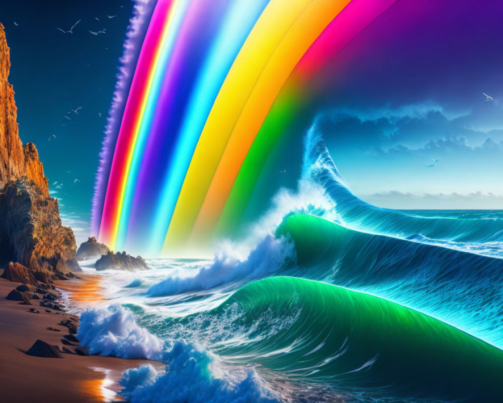 Rainbow merging with wave on beach near rocky cliffs under blue sky with birds