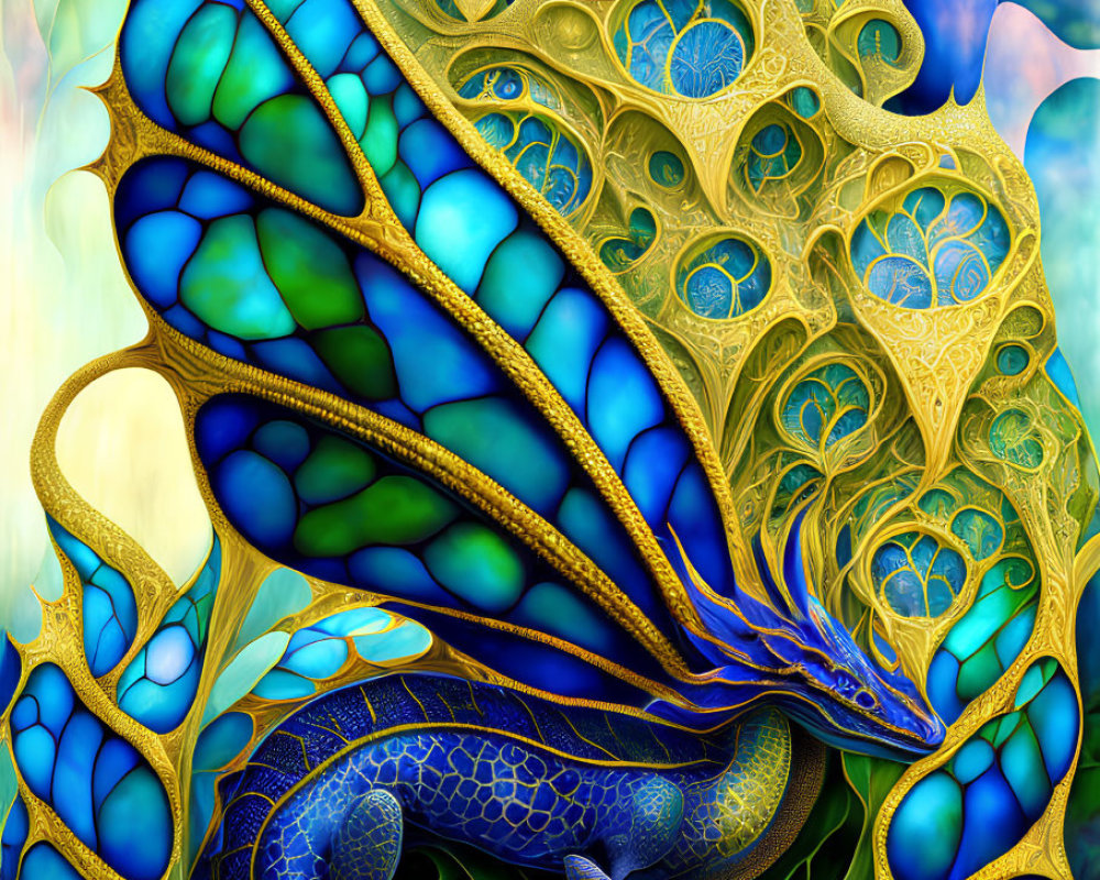 Detailed Blue Dragon Artwork with Golden Patterns and Butterfly Wings