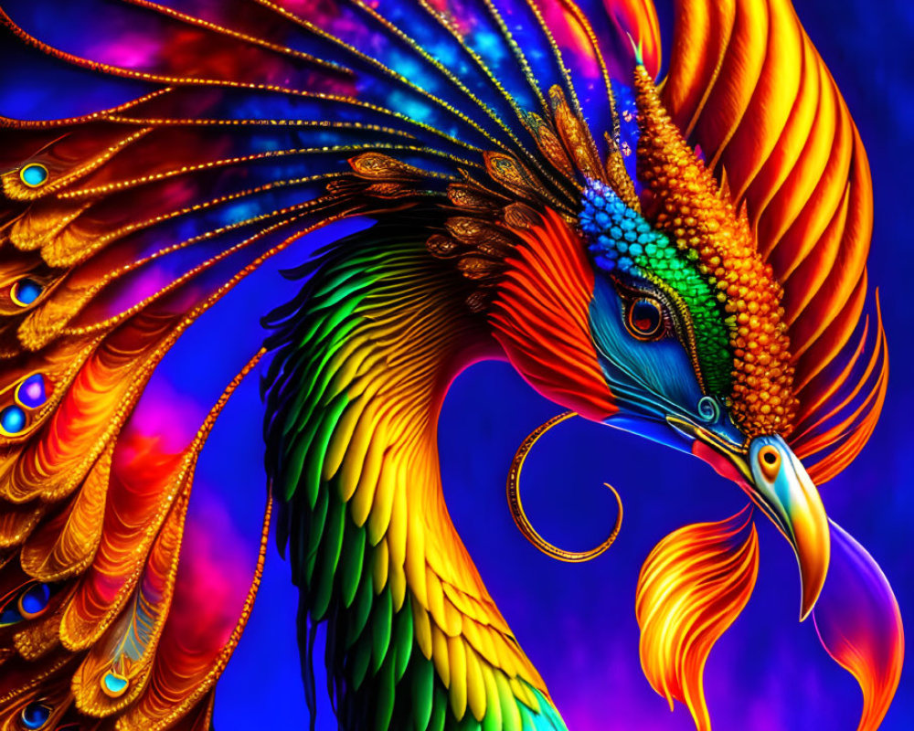 Mythical phoenix digital art with fiery plumage on blue-purple background