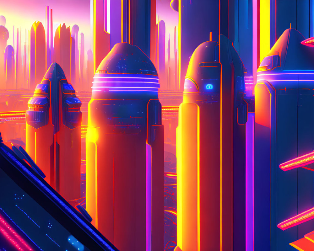 Futuristic cityscape at dusk with neon-lit skyscrapers