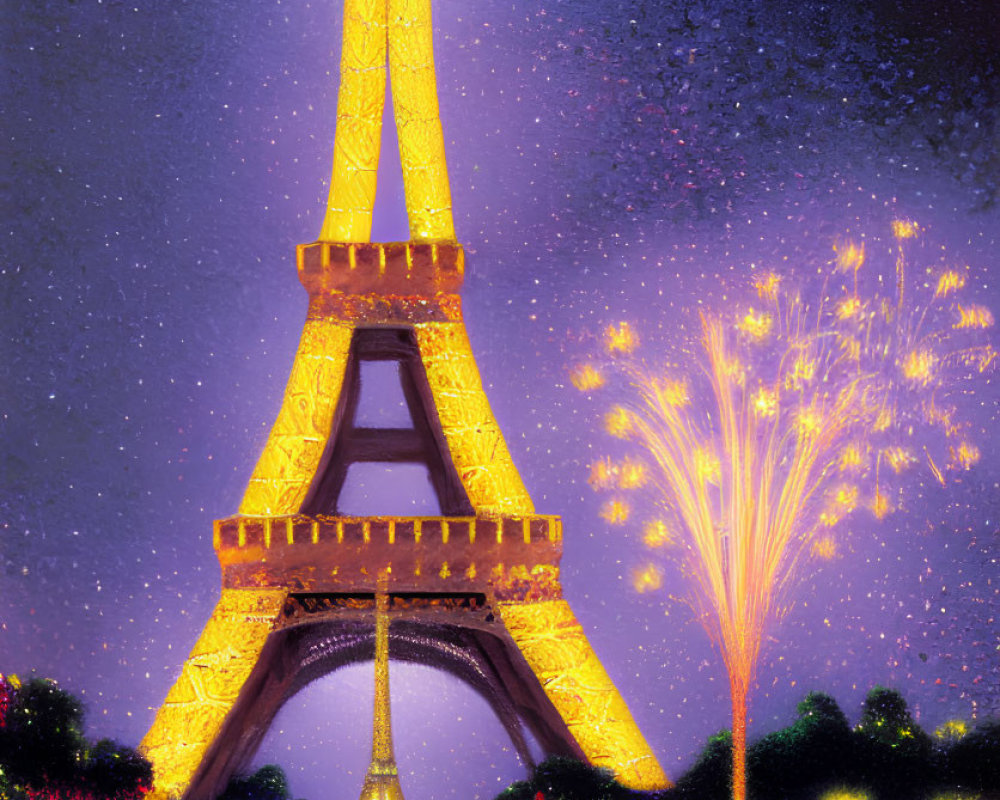 Iconic Eiffel Tower Night Scene with Fireworks and River Boats