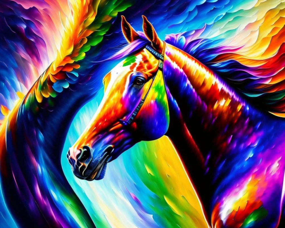 Colorful Horse Painting with Rainbow Mane on Abstract Background