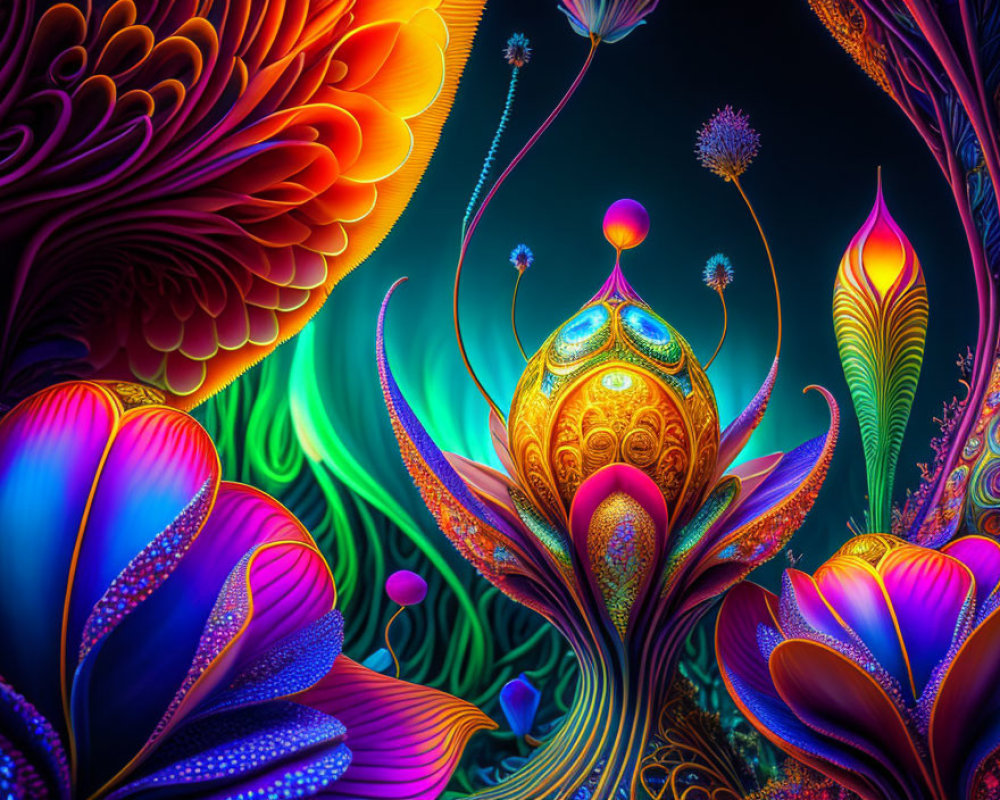 Colorful psychedelic digital art: neon floral and abstract patterns on dark background