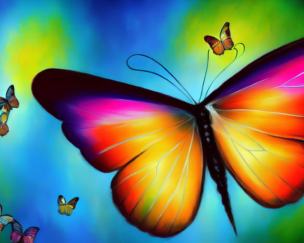 Colorful Butterfly Artwork on Abstract Blue and Green Background