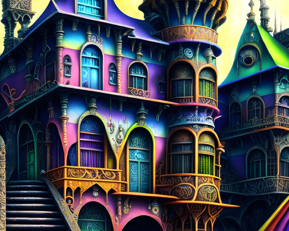 Vibrantly colored fantasy building with ornate details and turrets under otherworldly sky