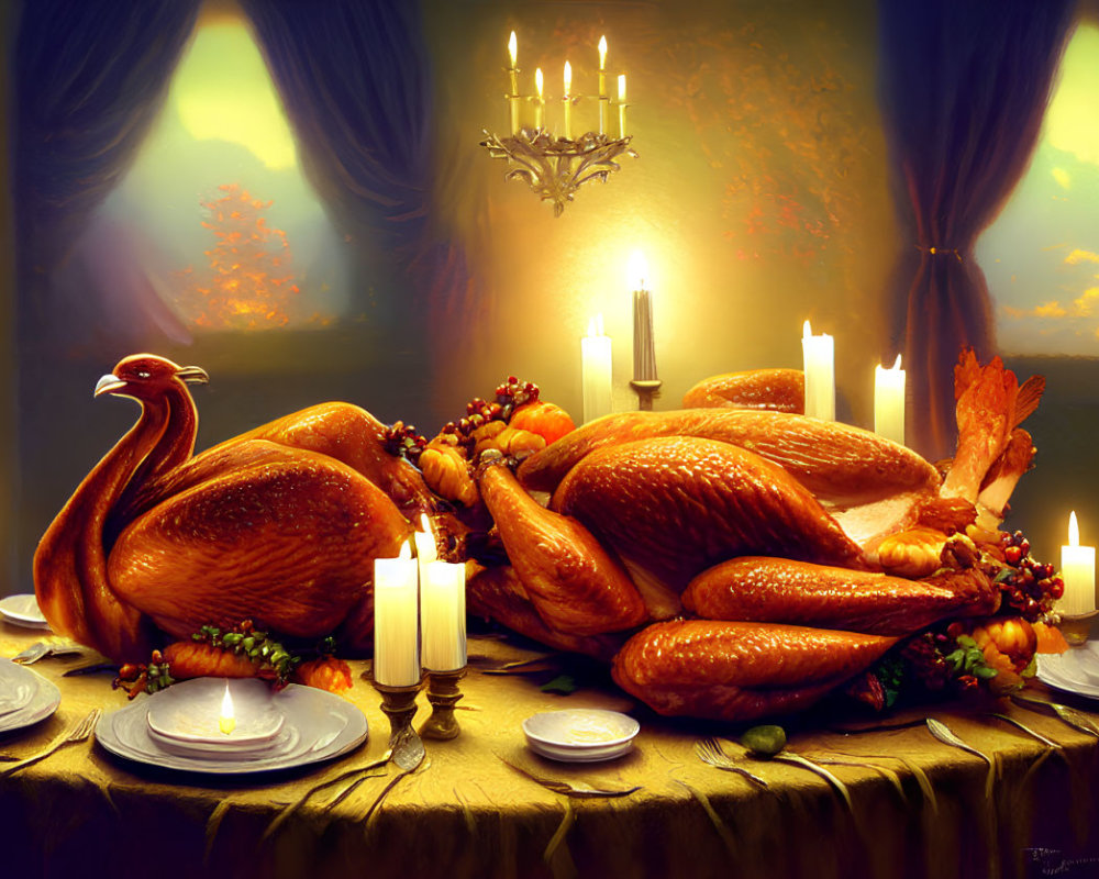 Festive Table Setting with Roasted Turkey, Candles, Fruits & Fine China